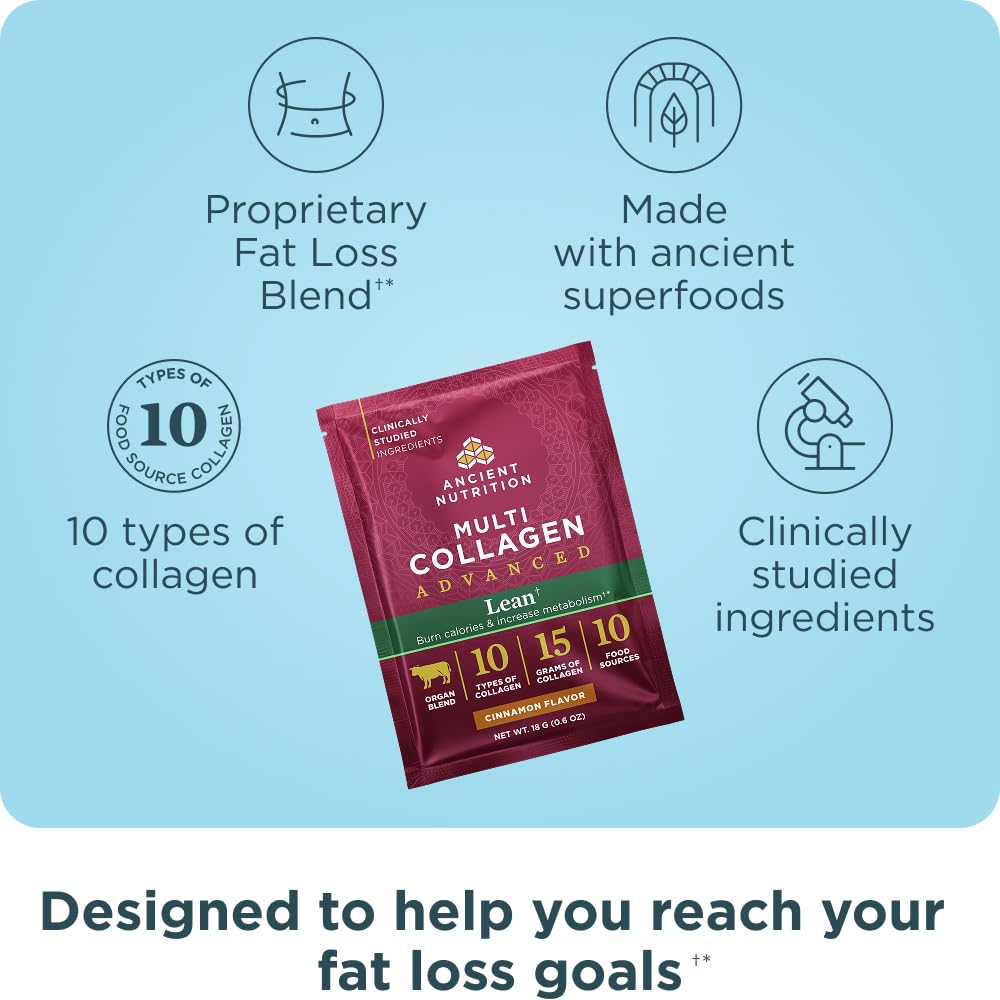 Ancient Nutrition Advanced Hydrolyzed Collagen Peptides Powder Protein Lean with Probiotics and Vitamin C, Cinnamon, for Women & Men, Supports Healthy Weight Management & Muscle Building, 8 Packets - Image 3