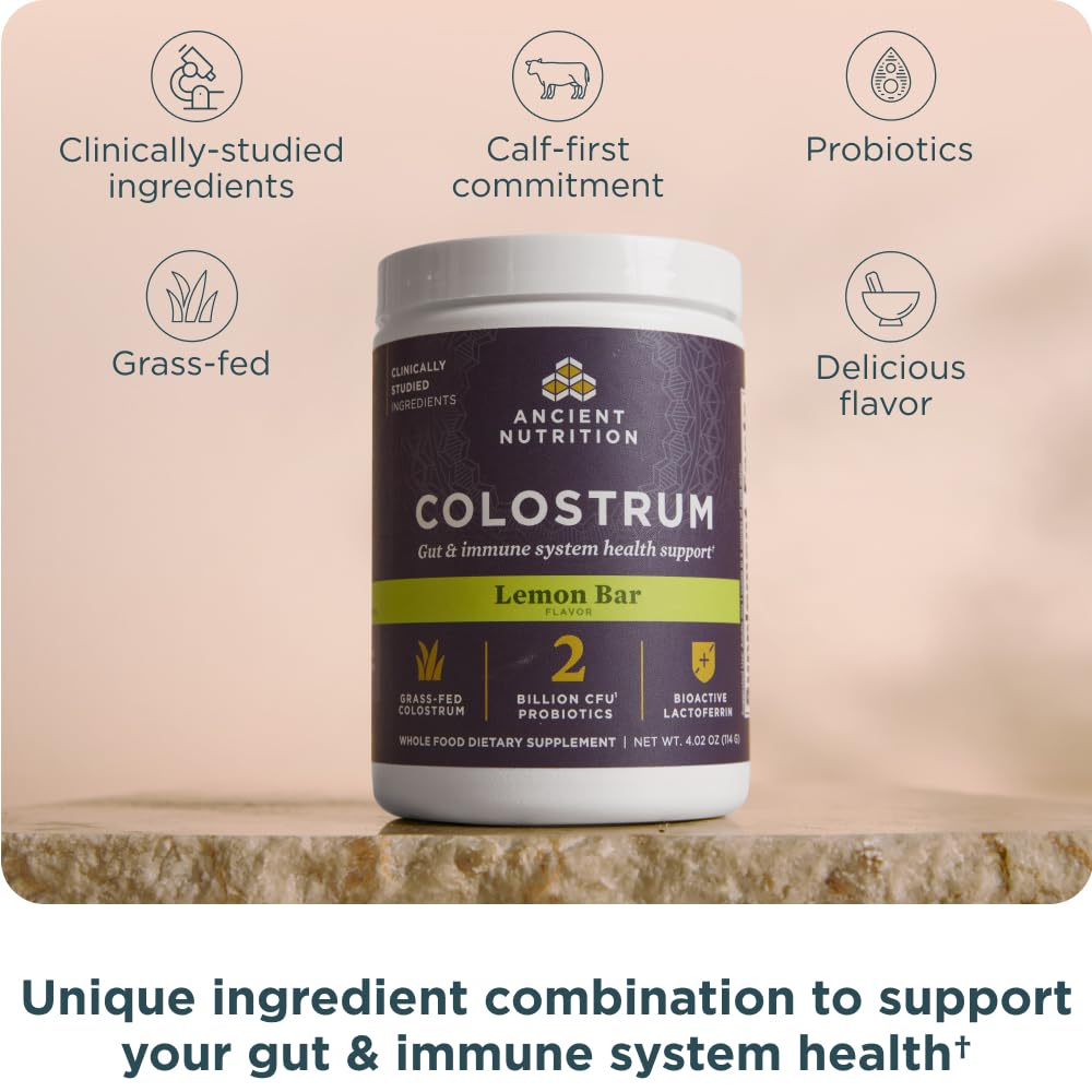 Ancient Nutrition Colostrum Superfood Powder, Grass Fed Bovine Colostrum, Supports Healthy Gut Microbiome and Immune System, Clinically Studied Lactoferrin & Probiotics, Lemon Bar, 60 Servings - Image 3
