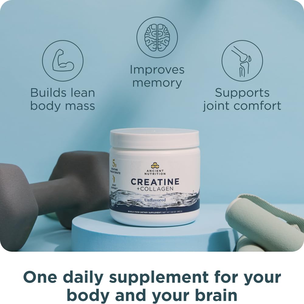 Ancient Nutrition Creatine + Collagen – Muscle Strength, Lean Body Mass, Joint Comfort & Cognitive Support – Includes 5g Creatine Monohydrate for Women, 30 Servings - Image 4