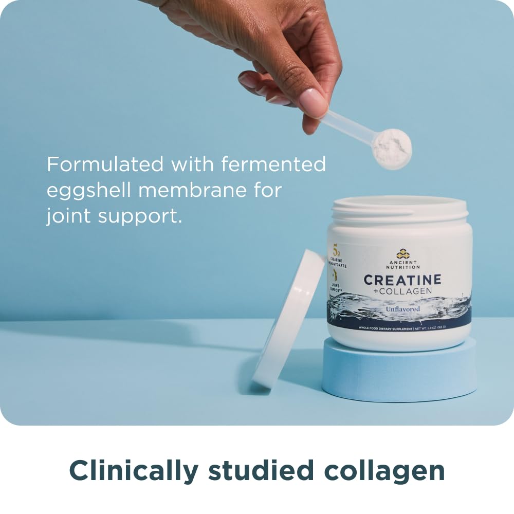Ancient Nutrition Creatine + Collagen – Muscle Strength, Lean Body Mass, Joint Comfort & Cognitive Support – Includes 5g Creatine Monohydrate for Women, 30 Servings - Image 5