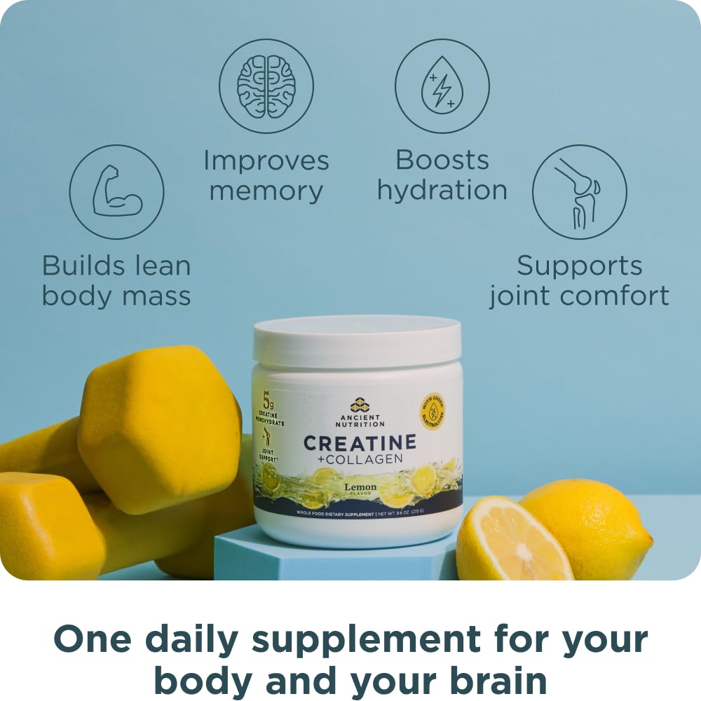 Ancient Nutrition Creatine + Collagen – Muscle Strength, Lean Body Mass, Joint Comfort & Cognitive Support – Includes 5g Creatine Monohydrate for Women + Electrolytes, Lemon, 30 Servings - Image 3