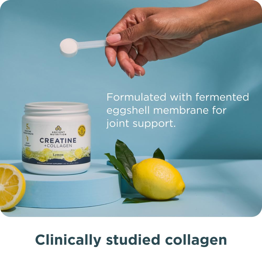 Ancient Nutrition Creatine + Collagen – Muscle Strength, Lean Body Mass, Joint Comfort & Cognitive Support – Includes 5g Creatine Monohydrate for Women + Electrolytes, Lemon, 30 Servings - Image 5