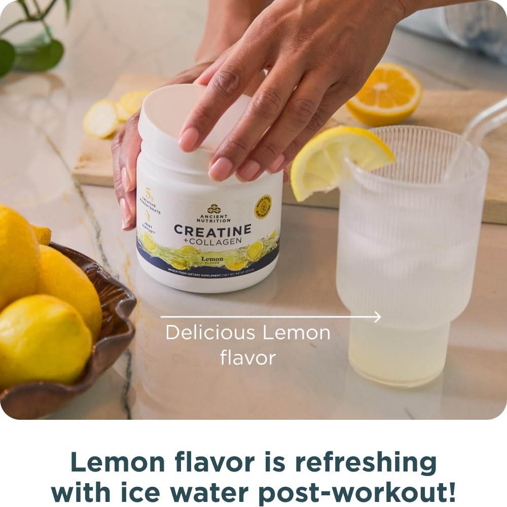 Ancient Nutrition Creatine + Collagen – Muscle Strength, Lean Body Mass, Joint Comfort & Cognitive Support – Includes 5g Creatine Monohydrate for Women + Electrolytes, Lemon, 30 Servings - Image 6