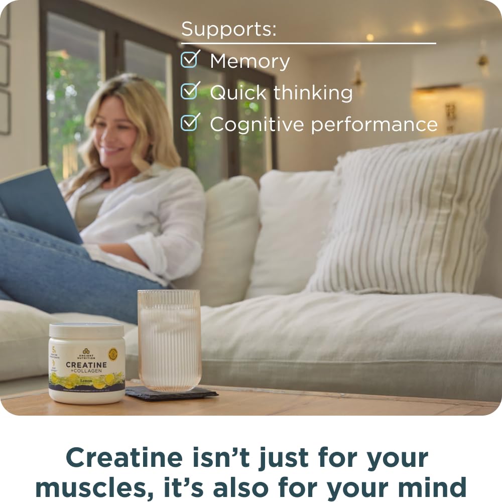 Ancient Nutrition Creatine + Collagen – Muscle Strength, Lean Body Mass, Joint Comfort & Cognitive Support – Includes 5g Creatine Monohydrate for Women + Electrolytes, Lemon, 30 Servings - Image 7