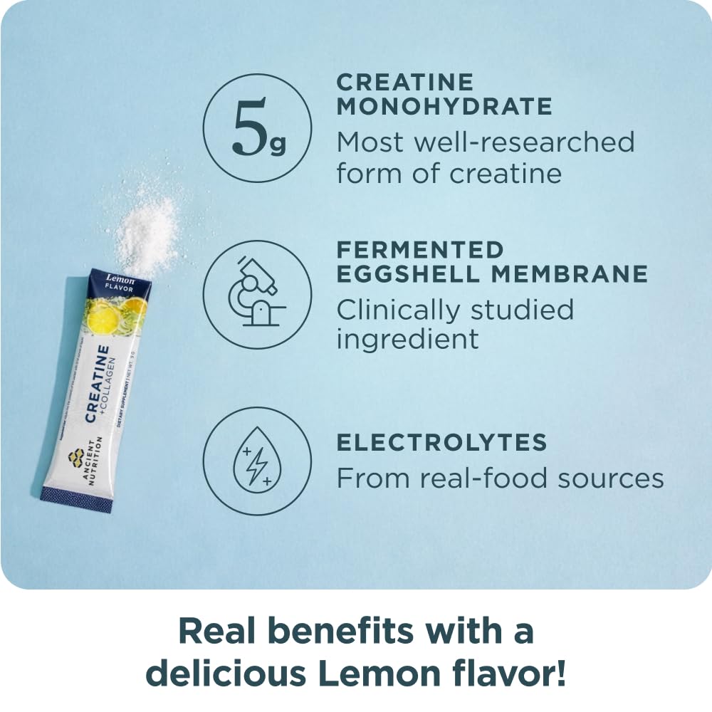 Ancient Nutrition Creatine + Collagen – Muscle Strength, Lean Body Mass, Joint Comfort & Cognitive Support – Includes 5g Creatine Monohydrate for Women + Electrolytes, Lemon, 14 Stick Packs - Image 3