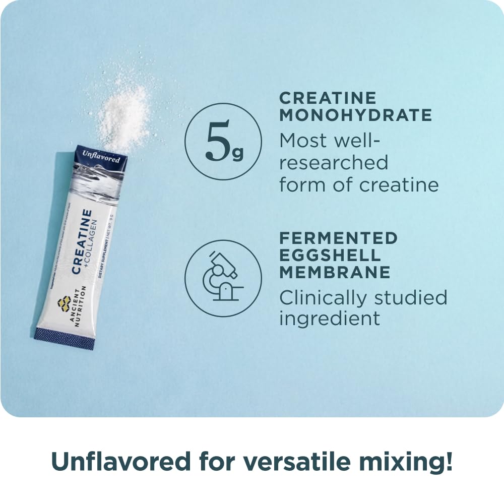 Ancient Nutrition Creatine + Collagen – Muscle Strength, Lean Body Mass, Joint Comfort & Cognitive Support – Includes 5g Creatine Monohydrate for Women, 14 Stick Packs - Image 3