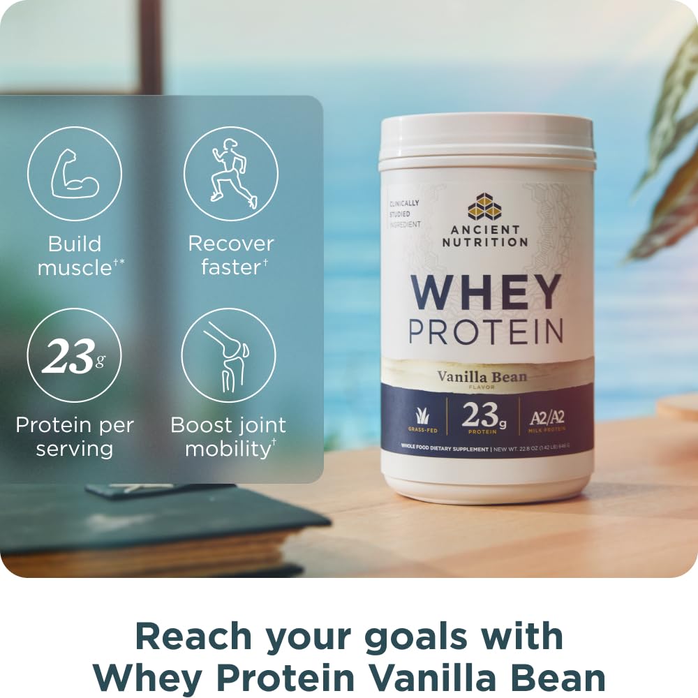 Ancient Nutrition Grass Fed Whey Protein, Vanilla Bean, 23g Protein, 20 Servings, Hydrolyzed Collagen Peptides, Organic Regenerative A2/A2 Milk Protein - Image 3