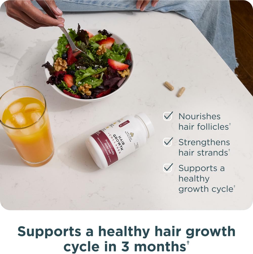 Ancient Nutrition Hair Growth + Collagen Supplement, Hydrolyzed Collagen Peptides, Clinically Studied Superfoods for Hair Growth Support, Thicker, Fuller Hair and Radiant Skin, 60 Count - Image 3