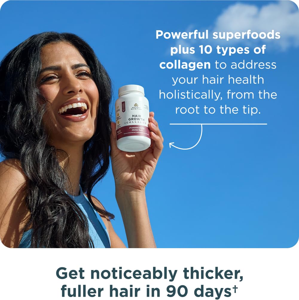 Ancient Nutrition Hair Growth + Collagen Supplement, Hydrolyzed Collagen Peptides, Clinically Studied Superfoods for Hair Growth Support, Thicker, Fuller Hair and Radiant Skin, 60 Count - Image 4