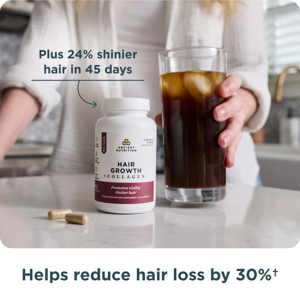 Ancient Nutrition Hair Growth + Collagen Supplement, Hydrolyzed Collagen Peptides, Clinically Studied Superfoods for Hair Growth Support, Thicker, Fuller Hair and Radiant Skin, 60 Count - Image 5