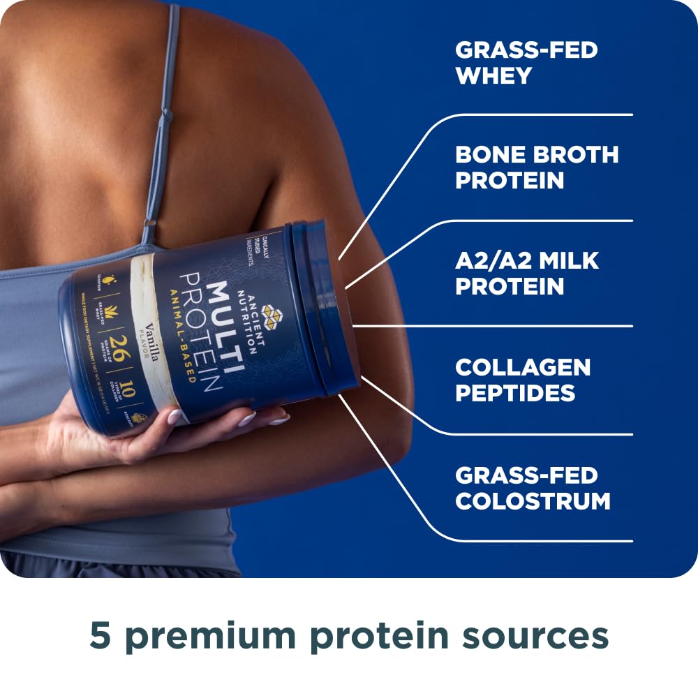 Ancient Nutrition Multi Protein Animal Based Powder, 26g Protein, Grass Fed Whey, Bone Broth, Collagen Peptides, Colostrum & Probiotics, Supports Joint & Gut Health, Vanilla, 15 Servings - Image 3