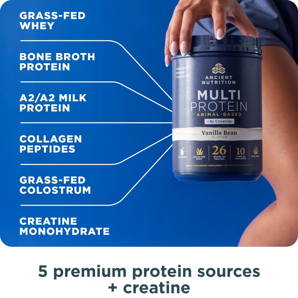 Ancient Nutrition Multi Protein Animal Based Powder + Creatine, 26g Protein, Grass Fed Whey, Bone Broth, Collagen Peptides, 5g Creatine Monohydrate, Colostrum & Probiotics, Vanilla Bean, 15 Servings - Image 3