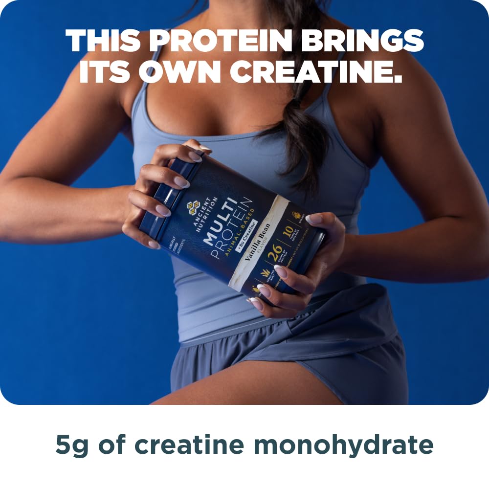 Ancient Nutrition Multi Protein Animal Based Powder + Creatine, 26g Protein, Grass Fed Whey, Bone Broth, Collagen Peptides, 5g Creatine Monohydrate, Colostrum & Probiotics, Vanilla Bean, 15 Servings - Image 4