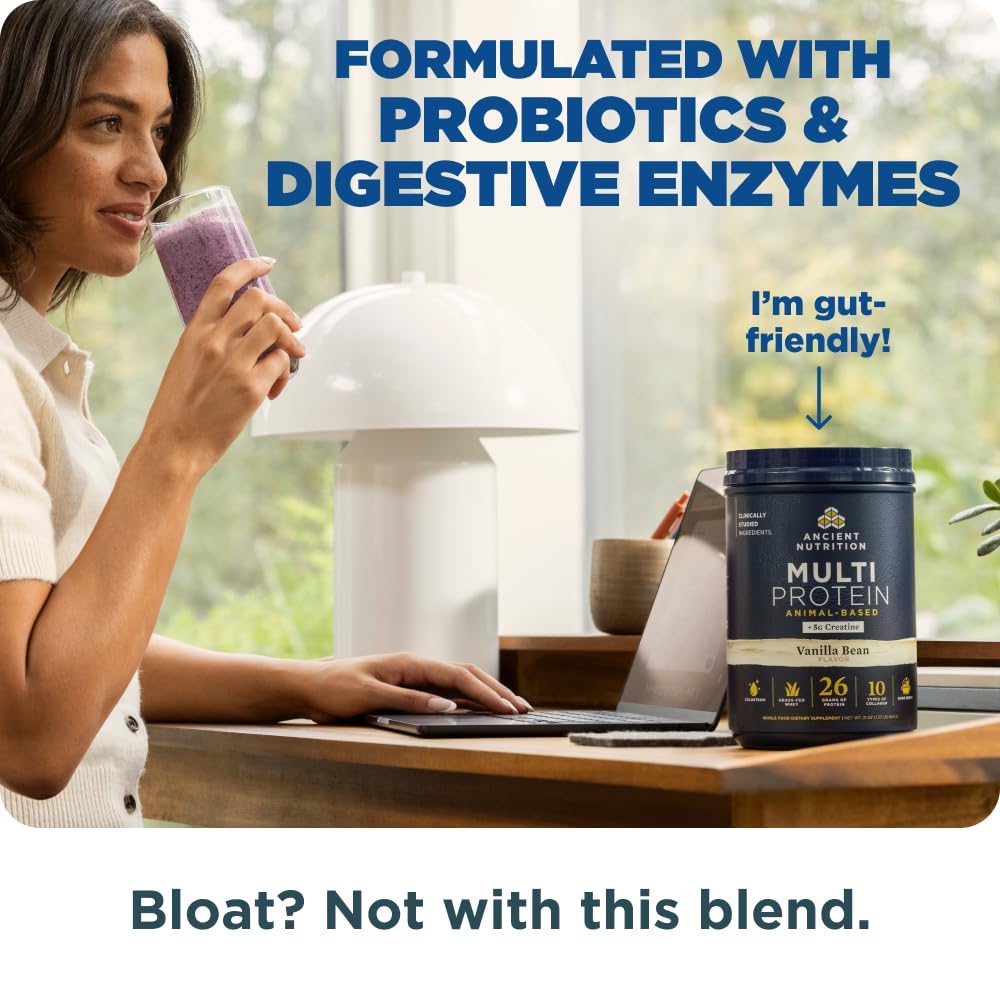 Ancient Nutrition Multi Protein Animal Based Powder + Creatine, 26g Protein, Grass Fed Whey, Bone Broth, Collagen Peptides, 5g Creatine Monohydrate, Colostrum & Probiotics, Vanilla Bean, 15 Servings - Image 5