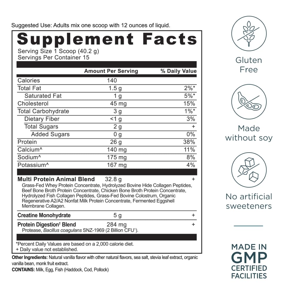 Ancient Nutrition Multi Protein Animal Based Powder + Creatine, 26g Protein, Grass Fed Whey, Bone Broth, Collagen Peptides, 5g Creatine Monohydrate, Colostrum & Probiotics, Vanilla Bean, 15 Servings - Image 9