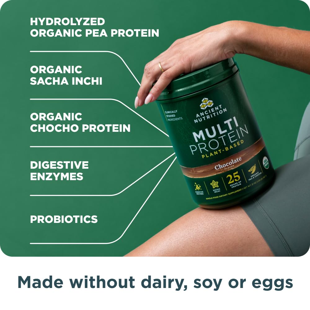Ancient Nutrition Organic Multi Protein Plant Based Powder, 25g Protein, Hydrolyzed Pea Protein, Digestive Enzymes & Probiotics, Supports Muscle & Gut Health, Chocolate, 15 Servings - Image 3