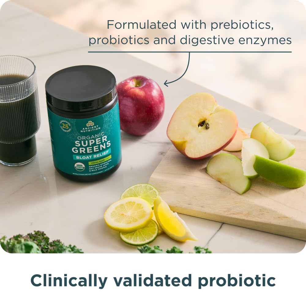Ancient Nutrition Organic SuperGreens Bloat Relief, Digestive Enzymes, Prebiotic Fiber & Probiotics, Supports Bloat Relief & Digestive Health, 25 Superfoods, Citrus Apple, 25 Servings - Image 5