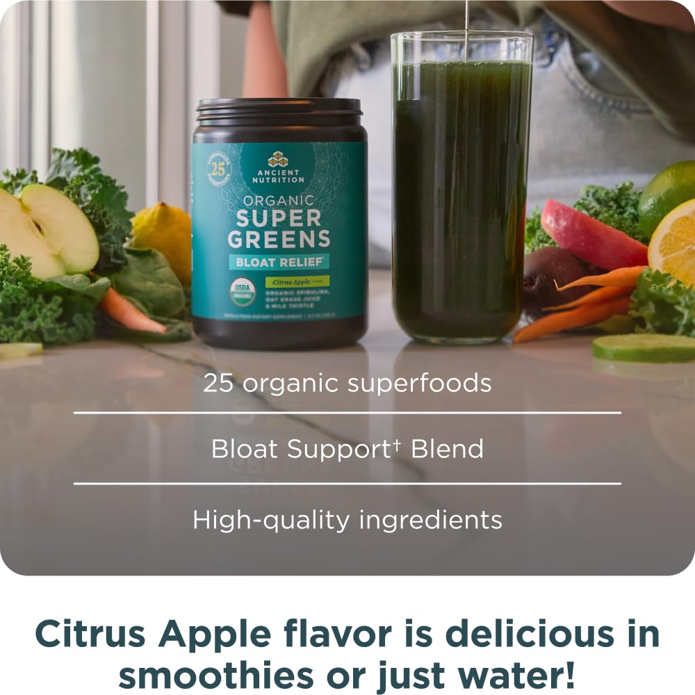 Ancient Nutrition Organic SuperGreens Bloat Relief, Digestive Enzymes, Prebiotic Fiber & Probiotics, Supports Bloat Relief & Digestive Health, 25 Superfoods, Citrus Apple, 25 Servings - Image 6
