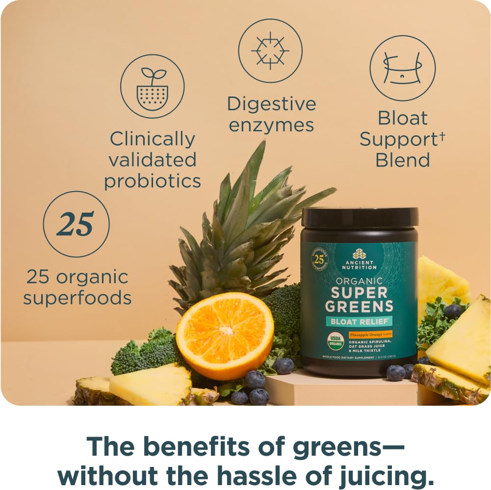 Ancient Nutrition Organic SuperGreens Bloat Relief, Digestive Enzymes, Prebiotic Fiber & Probiotics, Supports Bloat Relief & Digestive Health, 25 Superfoods, Pineapple Orange, 25 Servings - Image 3