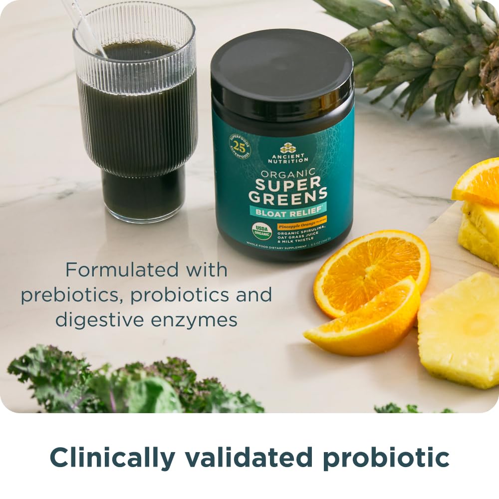 Ancient Nutrition Organic SuperGreens Bloat Relief, Digestive Enzymes, Prebiotic Fiber & Probiotics, Supports Bloat Relief & Digestive Health, 25 Superfoods, Pineapple Orange, 25 Servings - Image 5