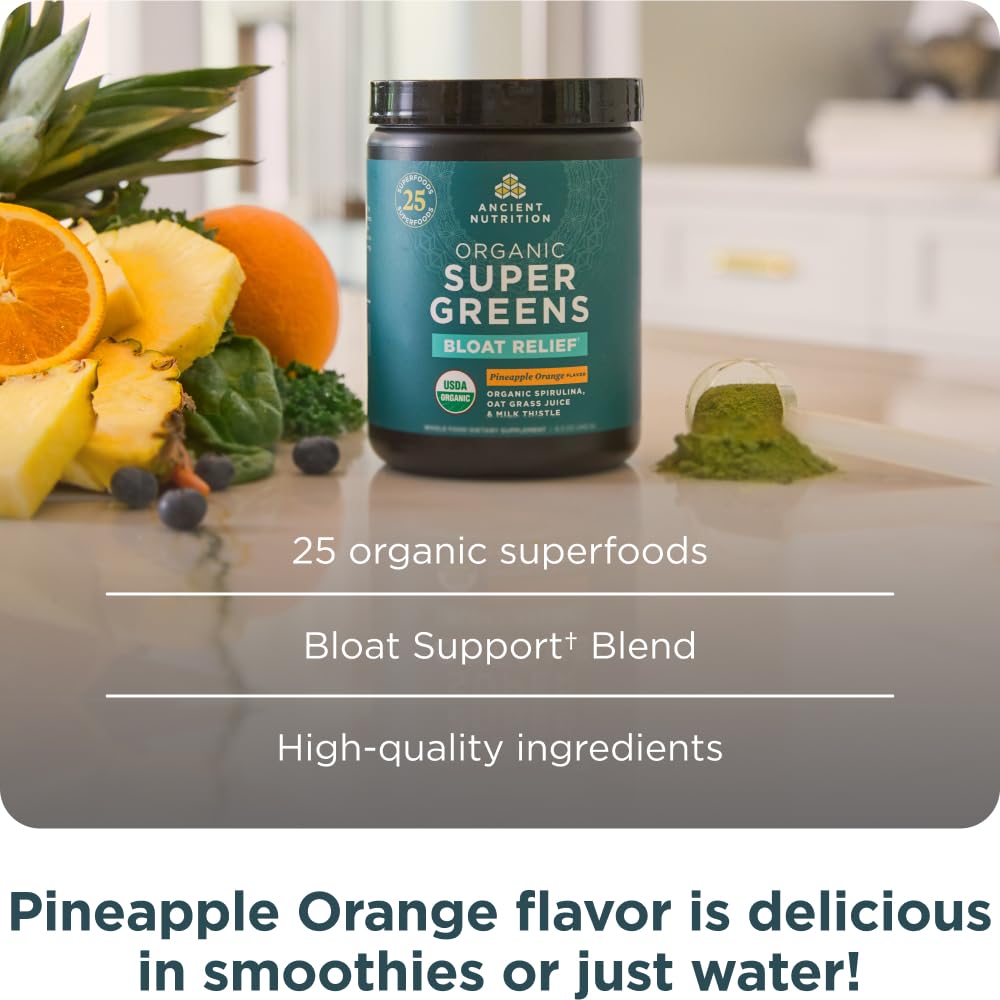 Ancient Nutrition Organic SuperGreens Bloat Relief, Digestive Enzymes, Prebiotic Fiber & Probiotics, Supports Bloat Relief & Digestive Health, 25 Superfoods, Pineapple Orange, 25 Servings - Image 6