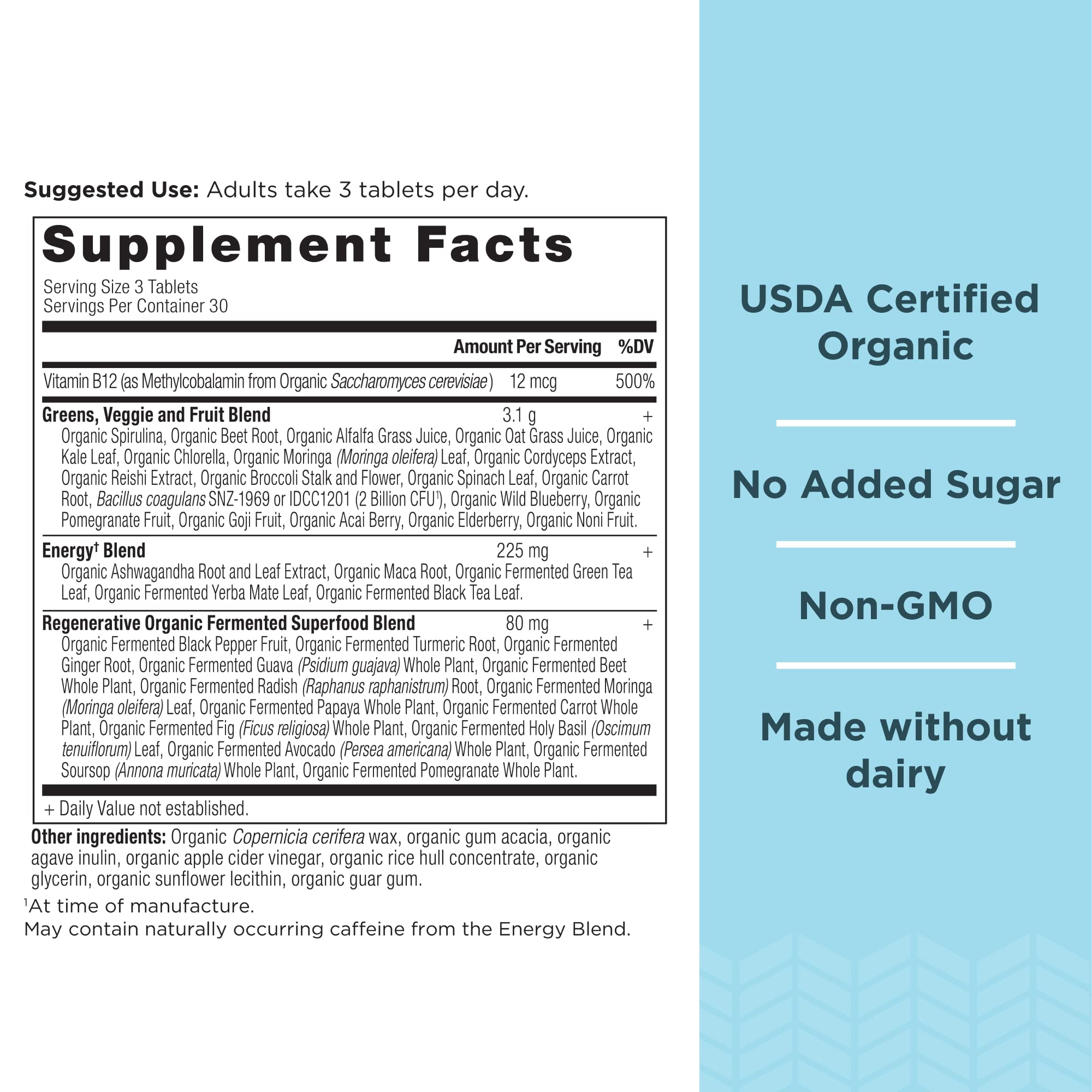 Ancient Nutrition Supergreens Energizer Tablets, Organic Superfood Tablets with Caffeine, Made from Real Fruits, Vegetables and Herbs, for Digestive and Energy Support, 90 Count - Image 3