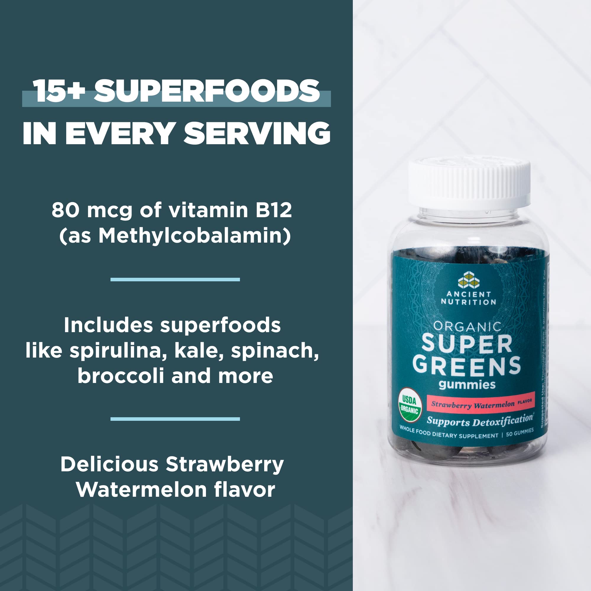 Ancient Nutrition Supergreens Gummy, Organic Superfood Gummy Made from Real Fruits, Vegetables and Herbs, for Digestive and Energy Support, 50 Count, Strawberry Watermelon - Image 3