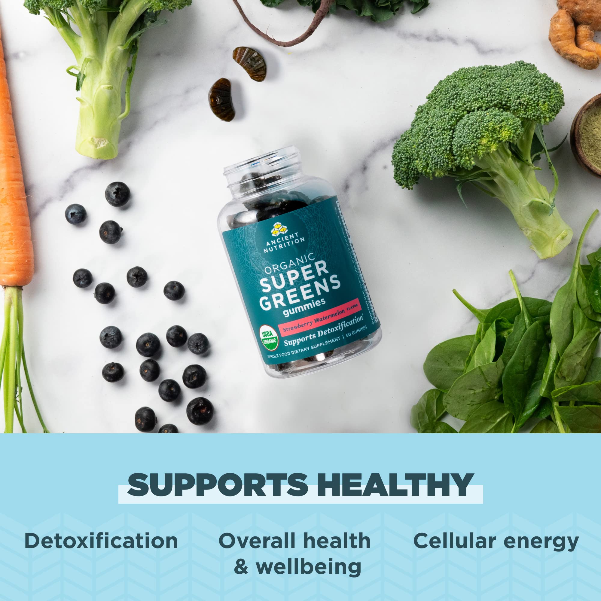 Ancient Nutrition Supergreens Gummy, Organic Superfood Gummy Made from Real Fruits, Vegetables and Herbs, for Digestive and Energy Support, 50 Count, Strawberry Watermelon - Image 4