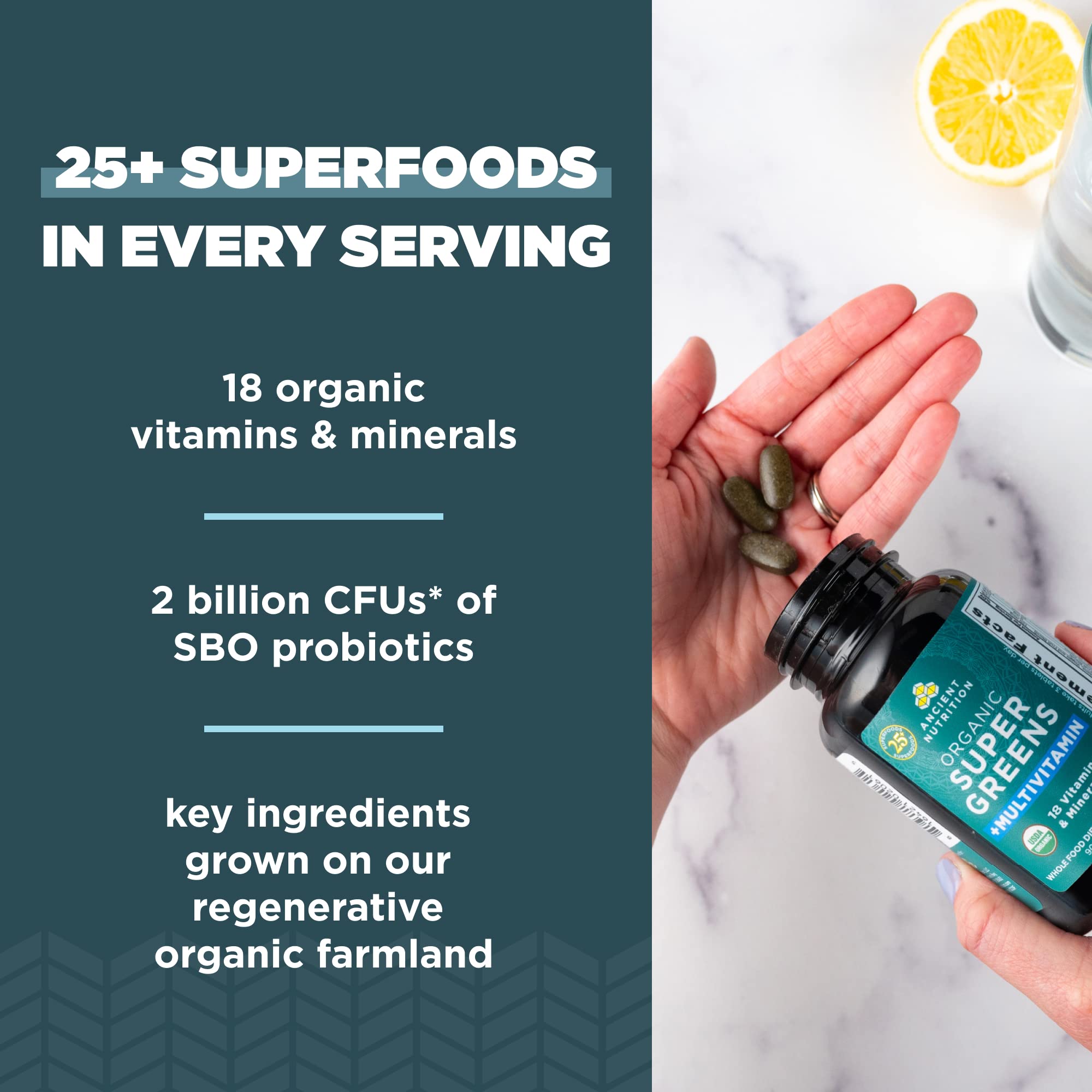 Ancient Nutrition Supergreens Multivitamin Tablets, Organic Superfood Powder with Multivitamins Made from Real Fruits, Vegetables and Herbs, for Digestive and Energy Support, 90 Count - Image 3