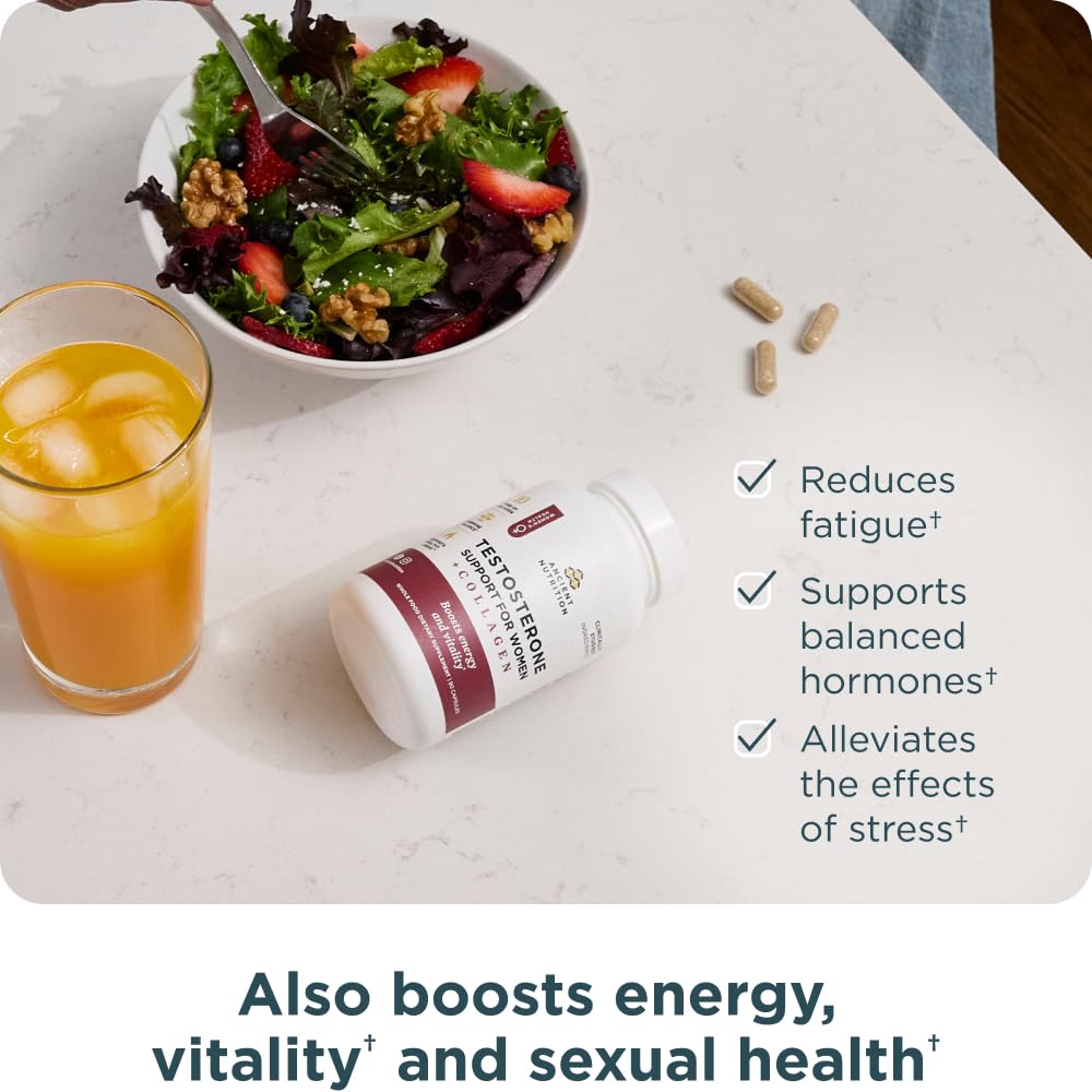 Ancient Nutrition Testosterone Support + Collagen Supplement, Hydrolyzed Collagen Peptides, Key Clinically Studied Superfoods Support Female Hormone Balance & Healthy Testosterone Levels, 90 Capsules - Image 3