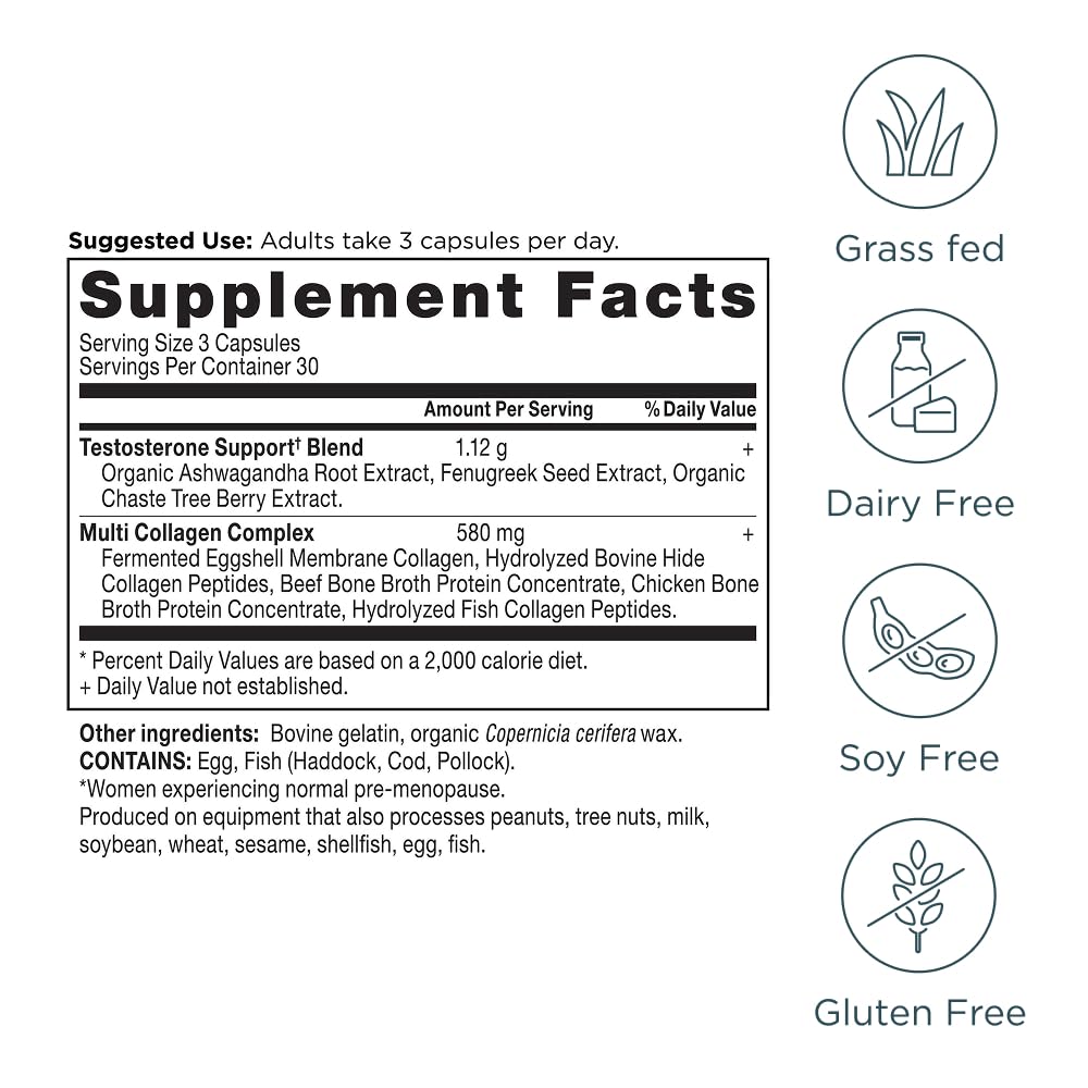 Ancient Nutrition Testosterone Support + Collagen Supplement, Hydrolyzed Collagen Peptides, Key Clinically Studied Superfoods Support Female Hormone Balance & Healthy Testosterone Levels, 90 Capsules - Image 6